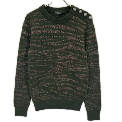 BALMAIN Green Gold Zebra Shoulder Button Wool Knit Size M
