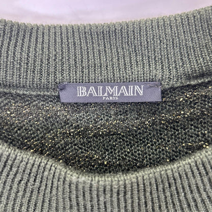 BALMAIN Green Gold Zebra Shoulder Button Wool Knit Size M