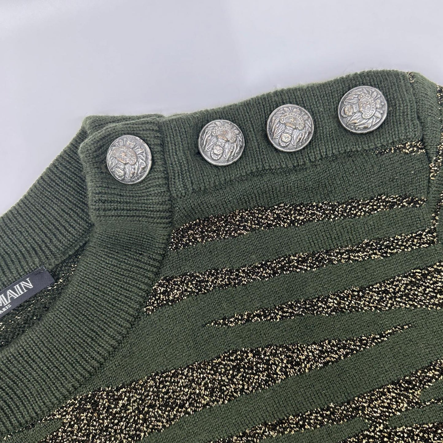 BALMAIN Green Gold Zebra Shoulder Button Wool Knit Size M