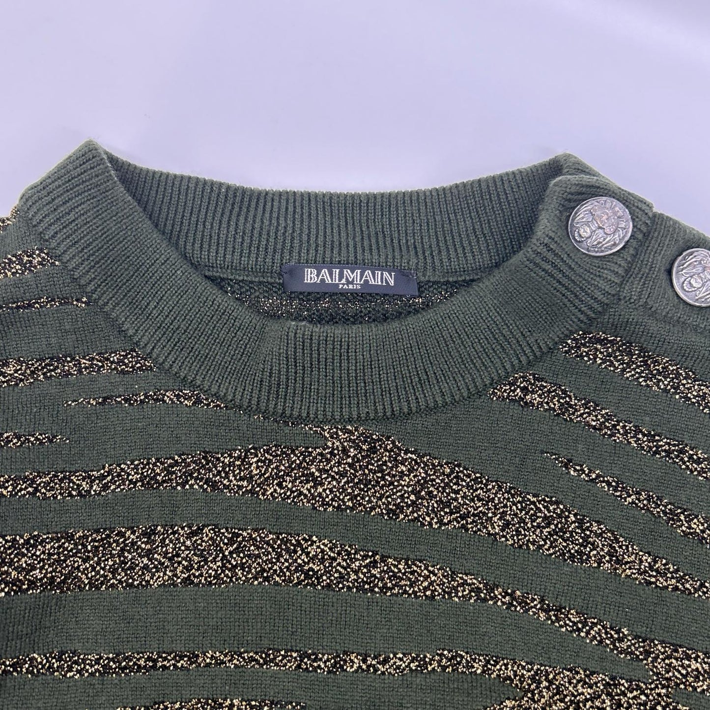 BALMAIN Green Gold Zebra Shoulder Button Wool Knit Size M