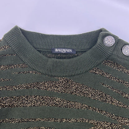 BALMAIN Green Gold Zebra Shoulder Button Wool Knit Size M