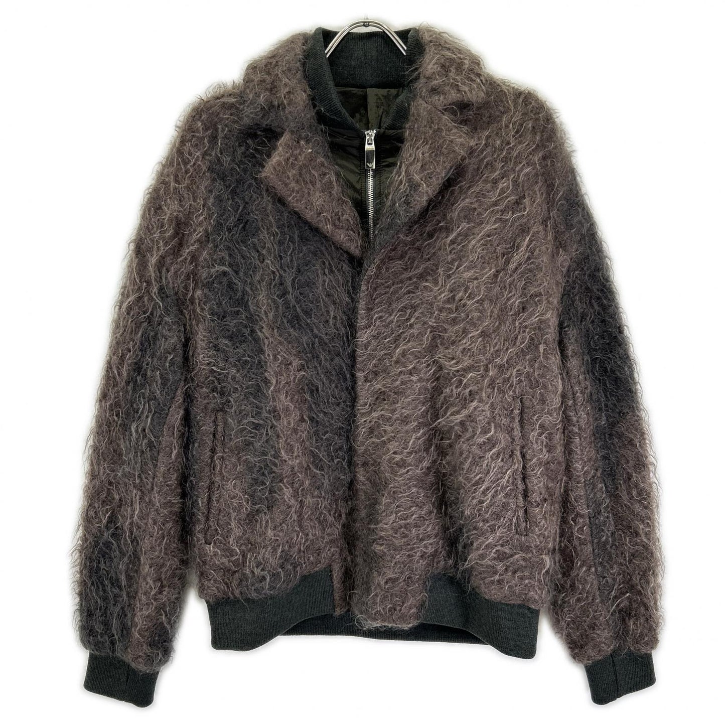 EMPORIOARMANI Brown Mohair Nylon Panel Zip-Up Jacket Size 48