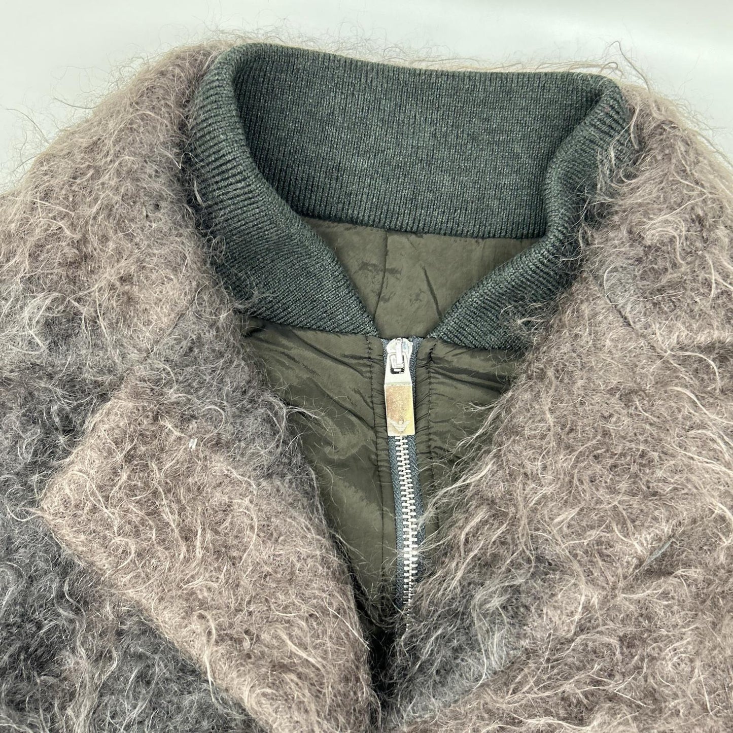 EMPORIOARMANI Brown Mohair Nylon Panel Zip-Up Jacket Size 48