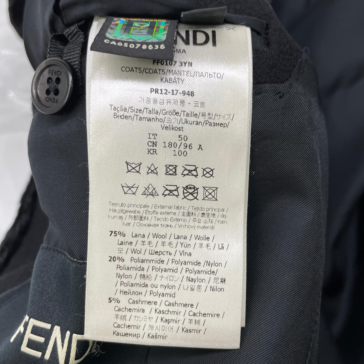 FENDI Wool Cashmere Chester Coat Black Size 50