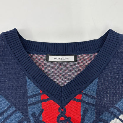 MARK&LONA Tricolor V-Neck Knit Sweater Red Acrylic Size 50