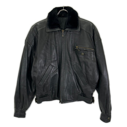 BY VERSACE Black Leather Fur-Trimmed Leather Jacket Size 48