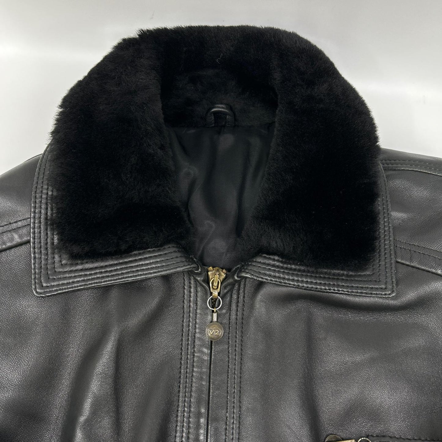 BY VERSACE Black Leather Fur-Trimmed Leather Jacket Size 48