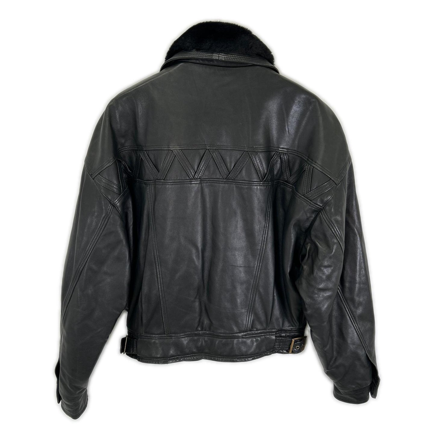 BY VERSACE Black Leather Fur-Trimmed Leather Jacket Size 48
