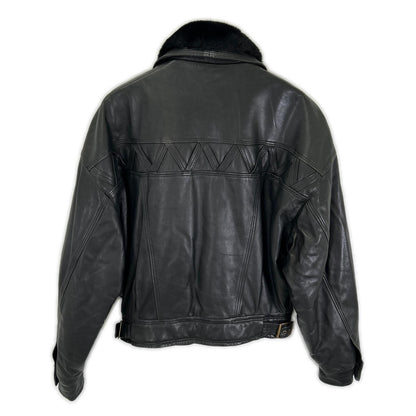 BY VERSACE Black Leather Fur-Trimmed Leather Jacket Size 48