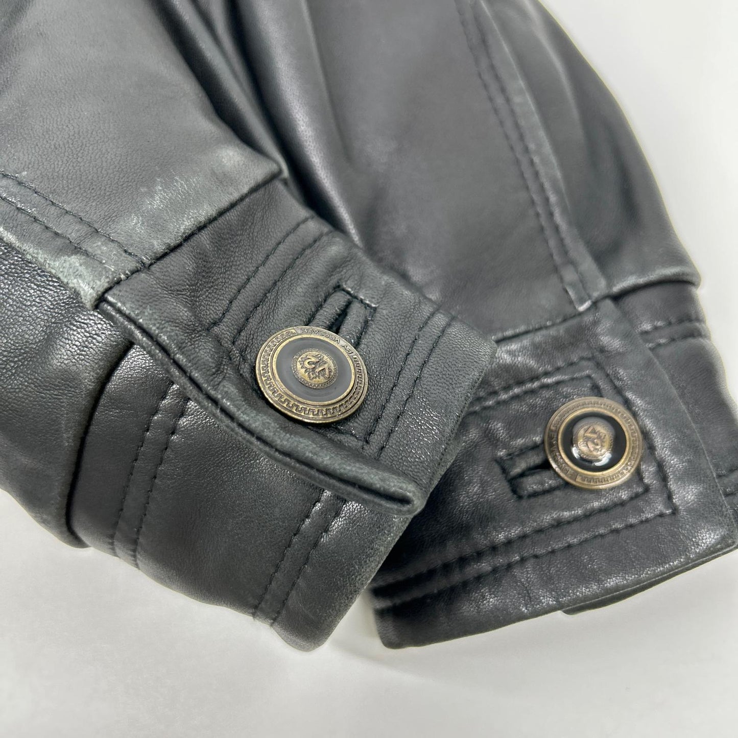 BY VERSACE Black Leather Fur-Trimmed Leather Jacket Size 48
