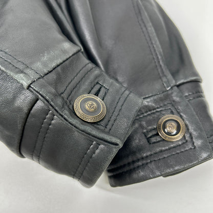 BY VERSACE Black Leather Fur-Trimmed Leather Jacket Size 48