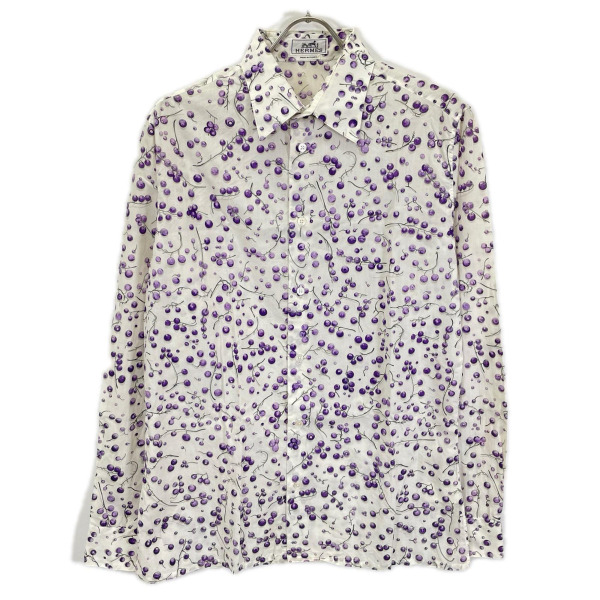 HERMES Cotton Blueberry Pattern Shirt White/Purple Size 40