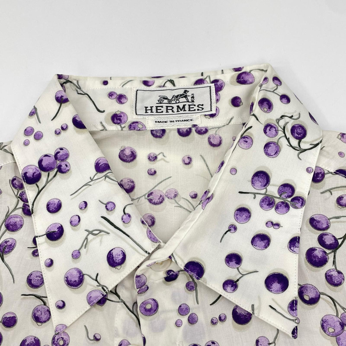 HERMES Cotton Blueberry Pattern Shirt White/Purple Size 40