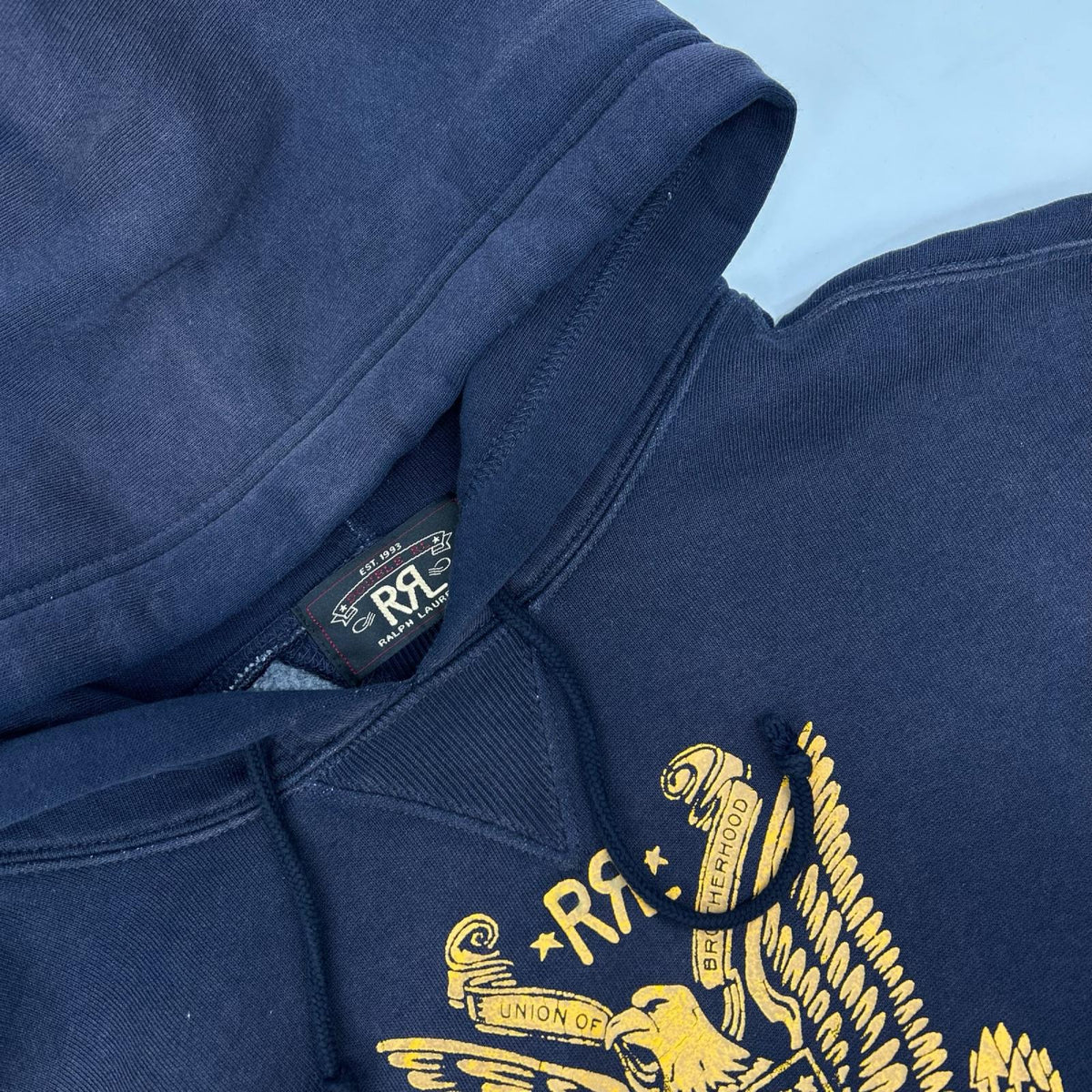 RRL Navy Used Graphic Eagle Crest Hoodie Size S