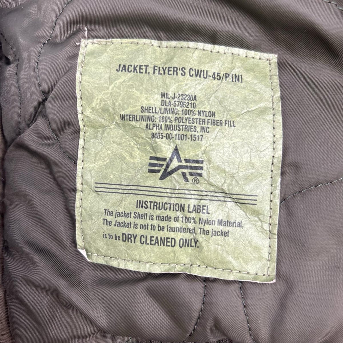 ALPHA INDUSTRIES Khaki CWU-45 Flight Jacket Size LARGE