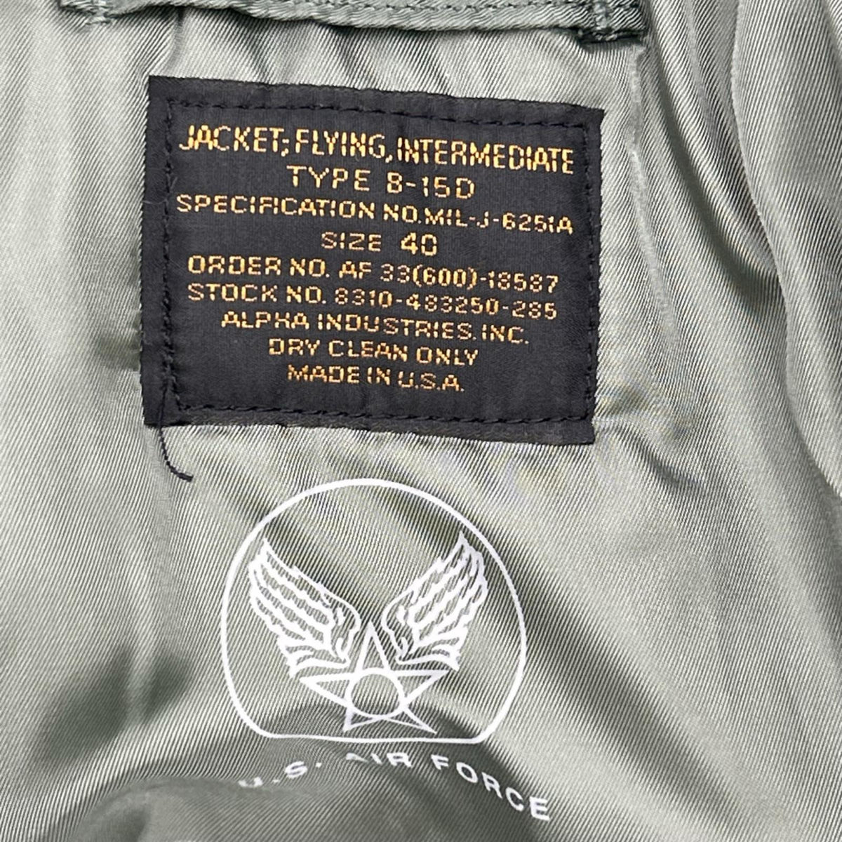 AVIREX Khaki Nylon USA B-15 Flight Jacket Size 40