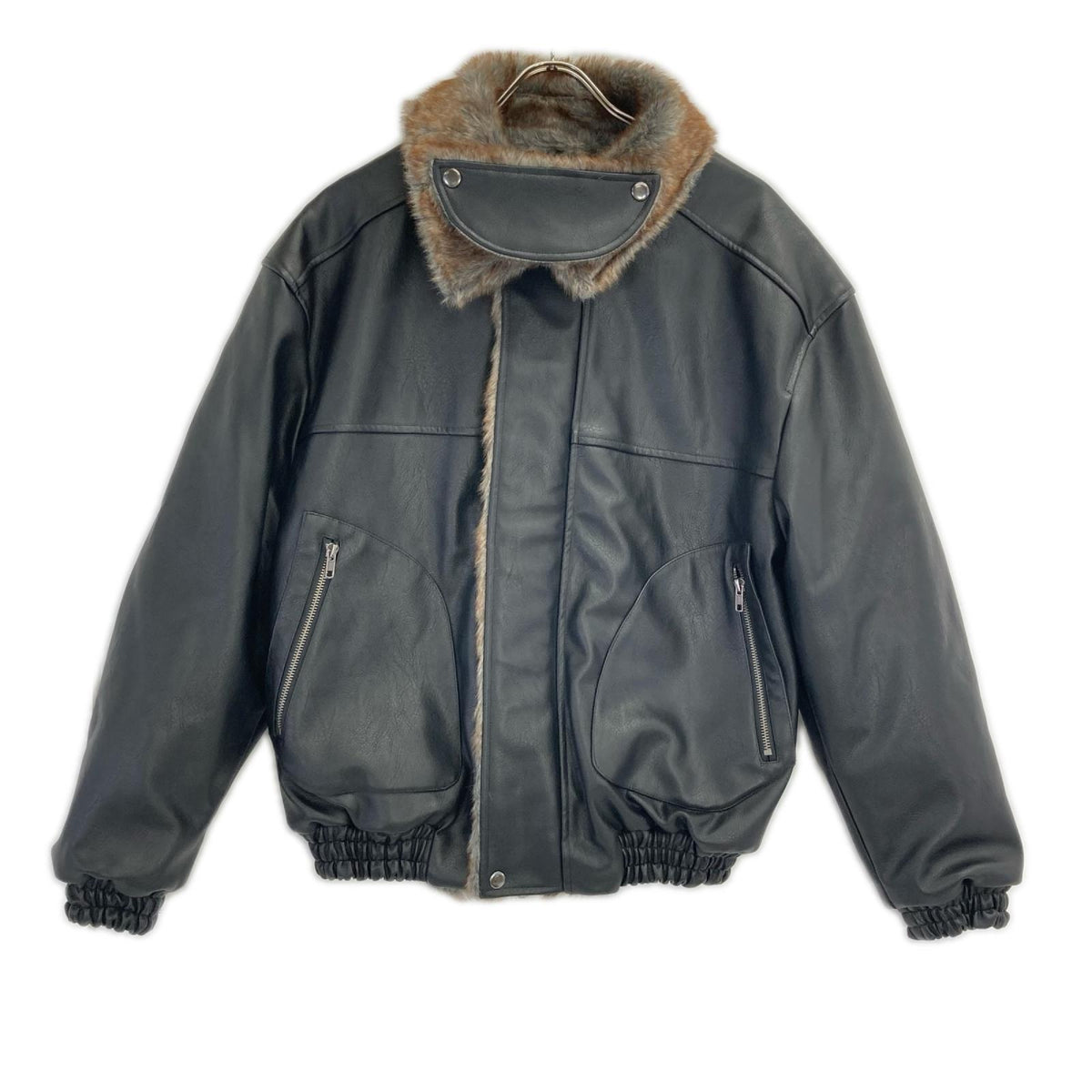 CAMPHOR WOOD Black Faux Leather Fur Flight Jacket Size M