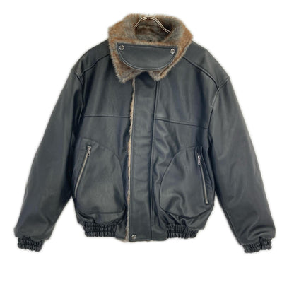 CAMPHOR WOOD Black Faux Leather Fur Flight Jacket Size M