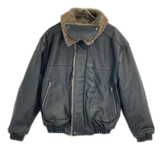CAMPHOR WOOD Black Faux Leather Fur Flight Jacket Size M