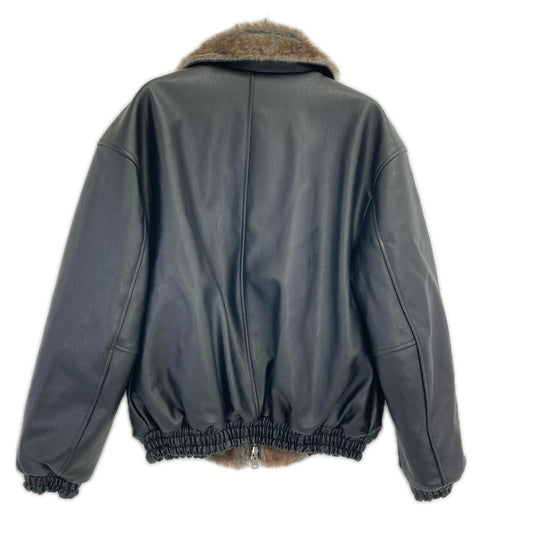 CAMPHOR WOOD Black Faux Leather Fur Flight Jacket Size M