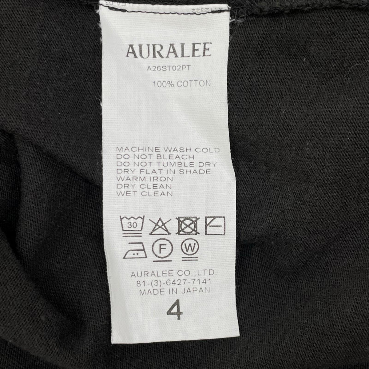 AURALEE 26SS Brushed Organic Cotton T-Shirt Black Size 4