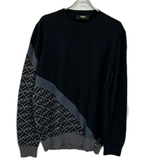 FENDI 23AW Asymmetric Zucca Wool Crewneck Knit Black Size 54