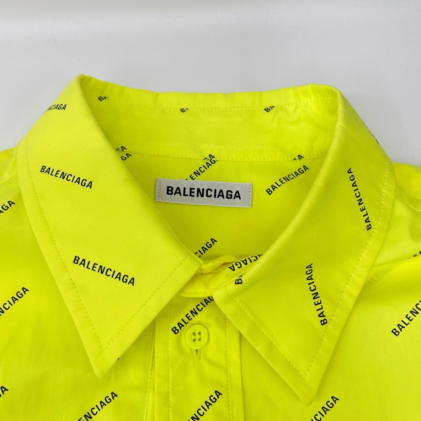 BALENCIAGA 2020 Neon Yellow Cotton Logo Print Shirt Size 34