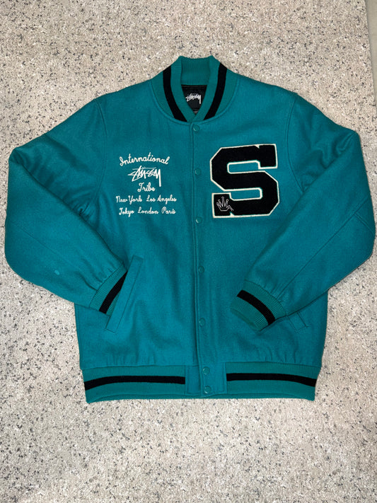 Stussy Big S Letterman Jacket Turquoise Blue Size L
