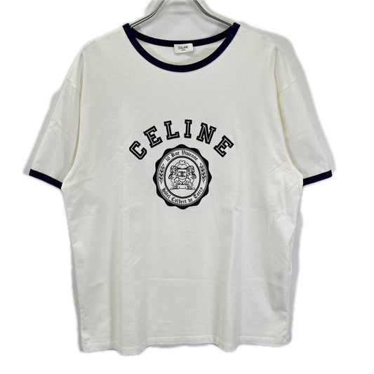 CELINE White BLASON LOOSE Logo Print T-Shirt Size L