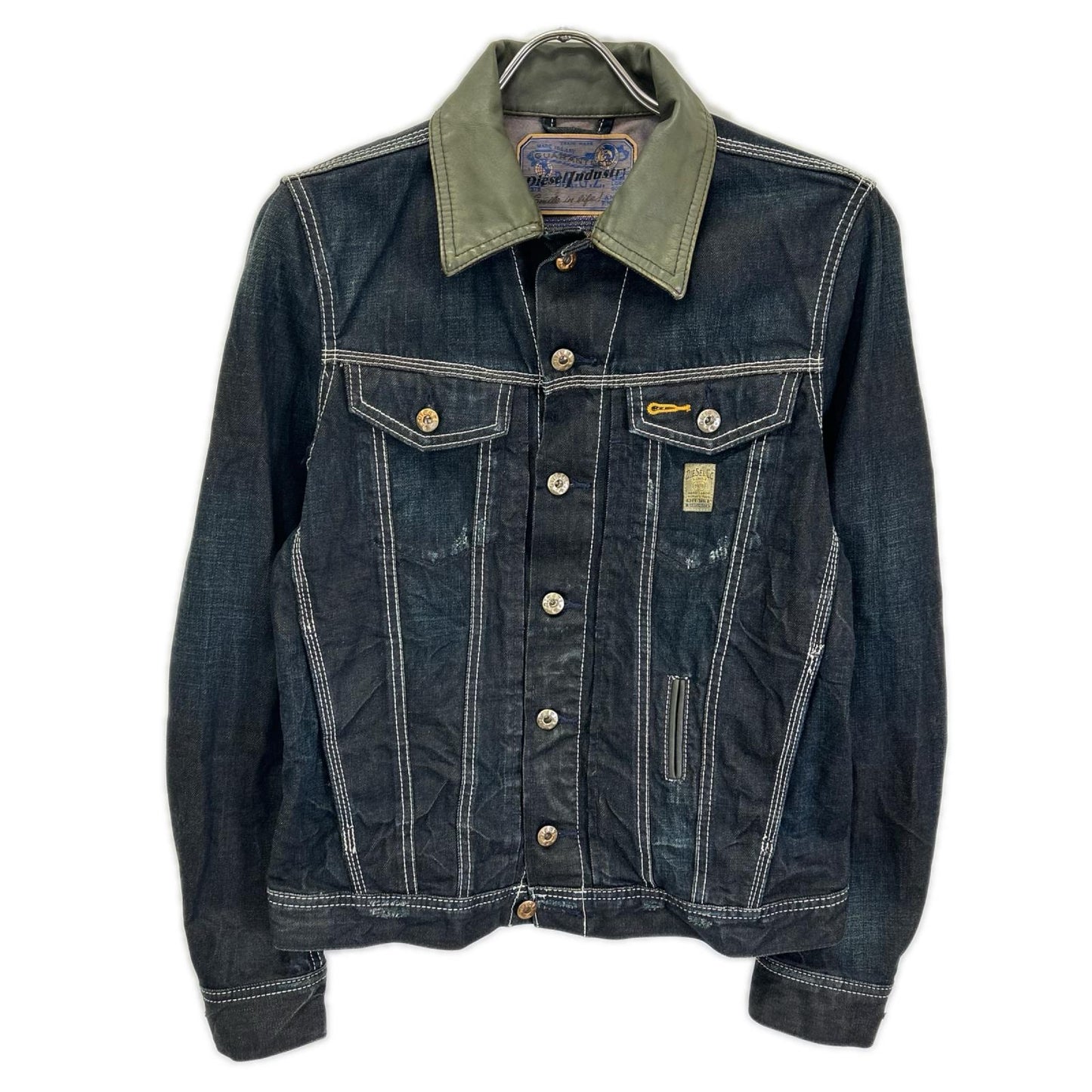 DIESEL Indigo Khaki Distressed Leather Denim Jacket Size S
