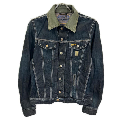 DIESEL Indigo Khaki Distressed Leather Denim Jacket Size S