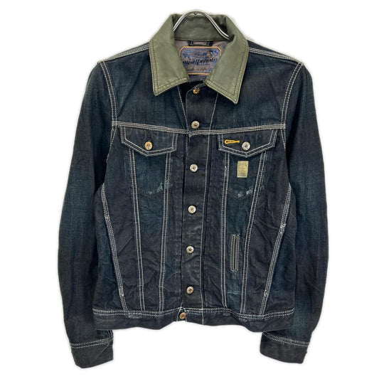 DIESEL Indigo Khaki Distressed Leather Denim Jacket Size S