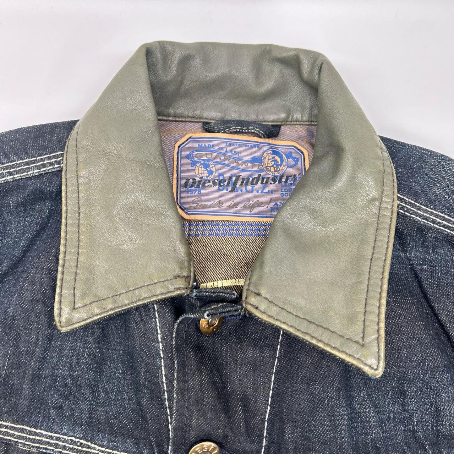 DIESEL Indigo Khaki Distressed Leather Denim Jacket Size S