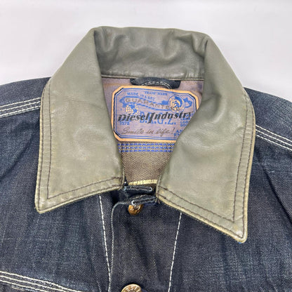 DIESEL Indigo Khaki Distressed Leather Denim Jacket Size S