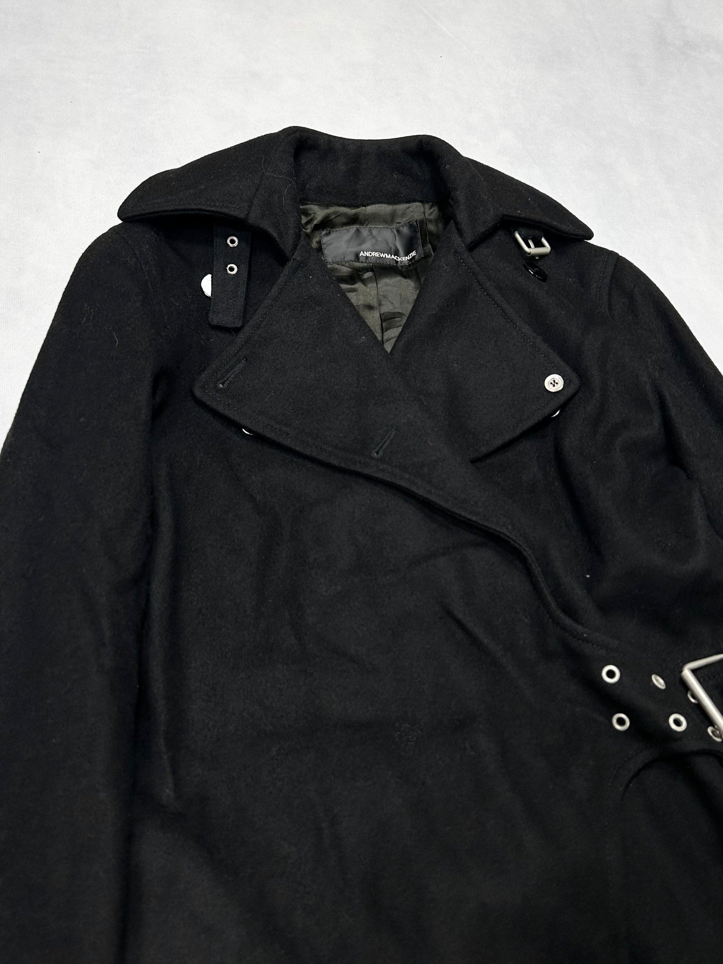 Andrew Mackenzie Black Design Wool Trench Coat Size 38