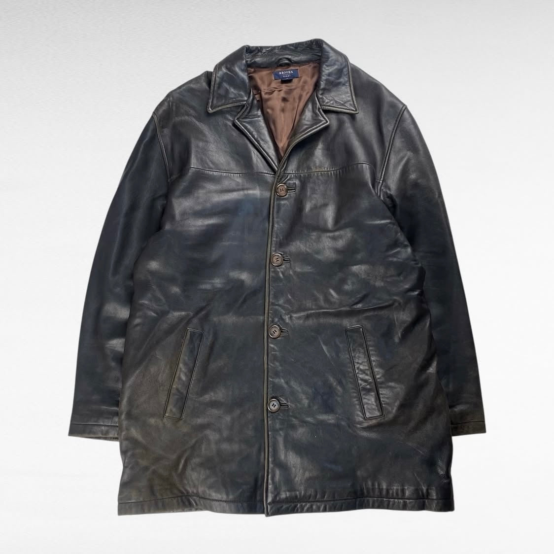 BROOKS SPORT Open Collar Leather Coat Brown Size L