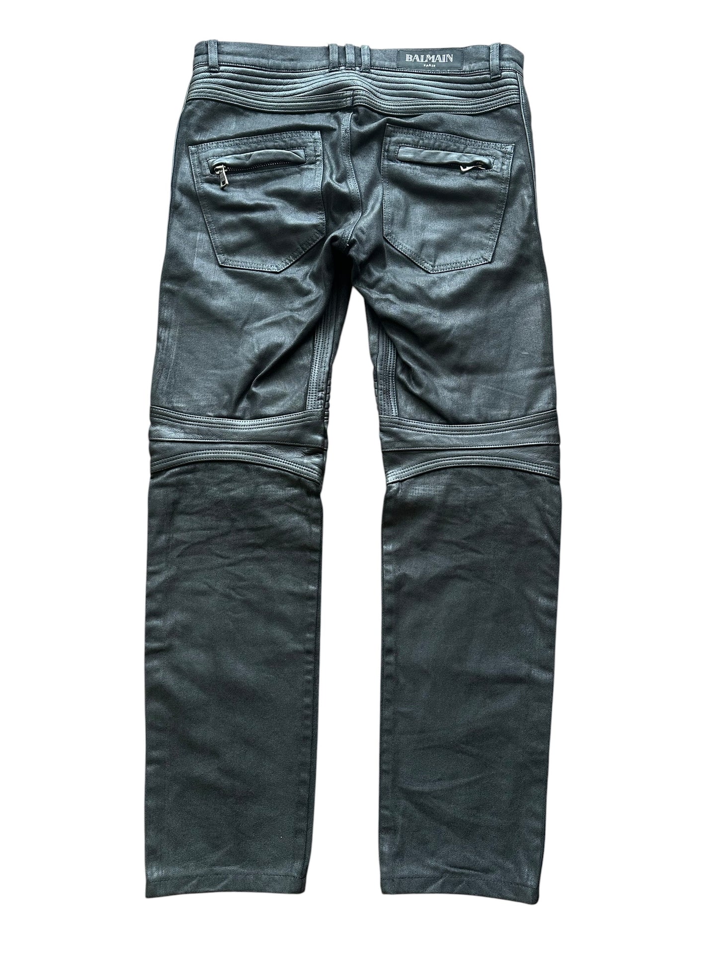 Balmain Black Coated Leather Paneled Biker Jeans