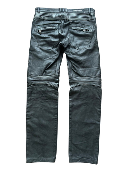 Balmain Black Coated Leather Paneled Biker Jeans