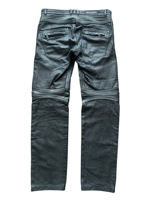 Balmain Black Coated Leather Paneled Biker Jeans