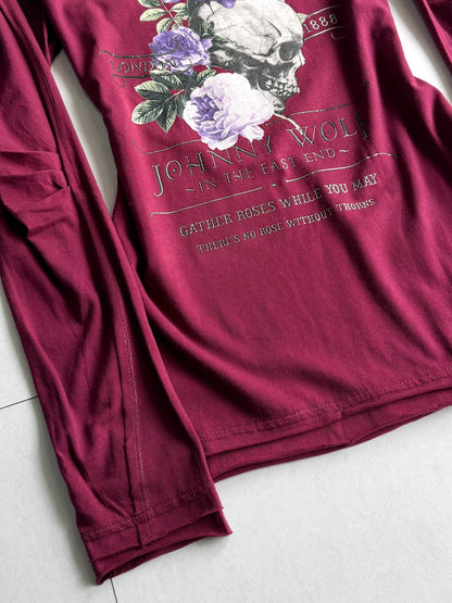 JHONNY WOLF Skull & Roses Graphic Long Sleeve Shirt Size 2