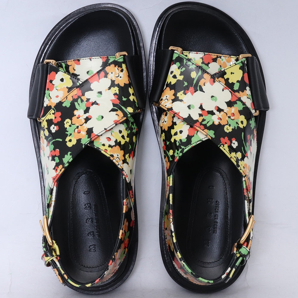 MARNI Leather Floral Crisscross Sandals Black Size 35