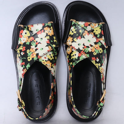 MARNI Leather Floral Crisscross Sandals Black Size 35