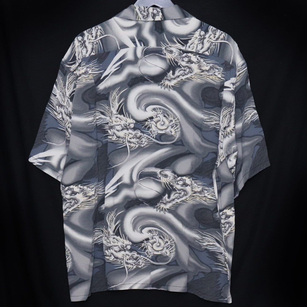 GOLD Dragon Print Aloha Shirt Gray Size M