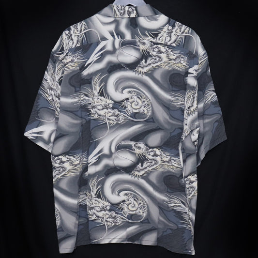 GOLD Dragon Print Aloha Shirt Gray Size M
