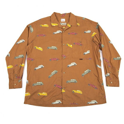 Papas Car Print Cotton Open Collar Long Shirt Brown Size L