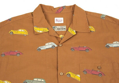 Papas Car Print Cotton Open Collar Long Shirt Brown Size L