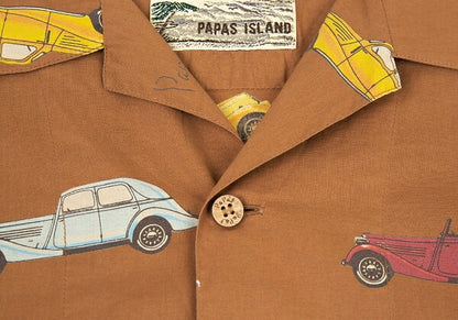 Papas Car Print Cotton Open Collar Long Shirt Brown Size L