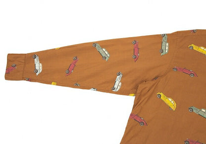 Papas Car Print Cotton Open Collar Long Shirt Brown Size L