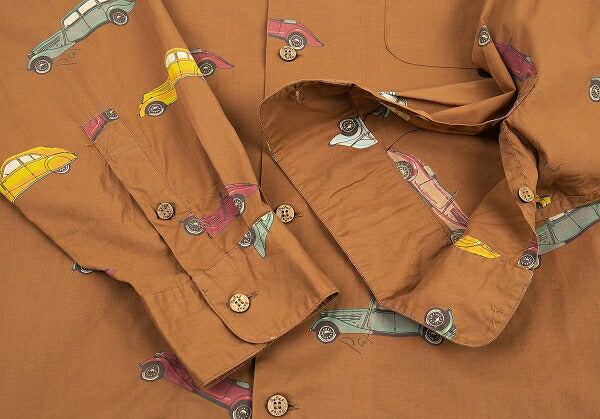 Papas Car Print Cotton Open Collar Long Shirt Brown Size L