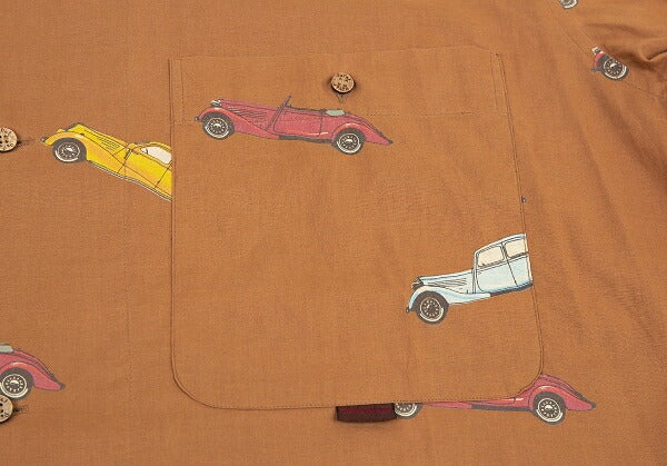 Papas Car Print Cotton Open Collar Long Shirt Brown Size L